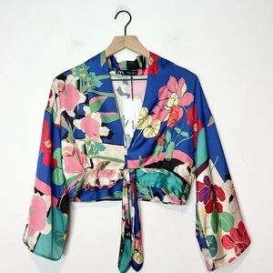 Zara Blue Floral Wrap Blouse